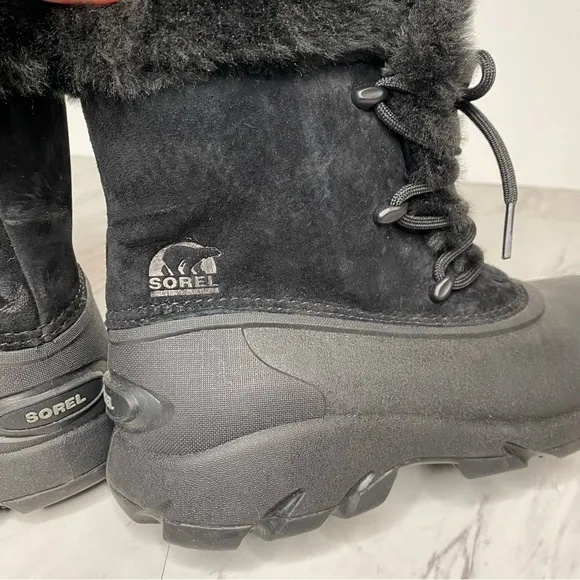 New! Sorel Snow Angel Lace Up Faux Fur Black Winter Boot 6