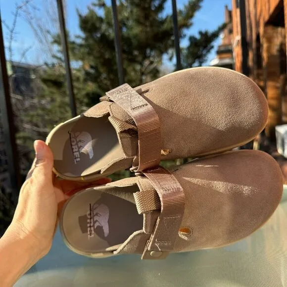 New Sorel Viibe Women's Clog Shoes Slip On Suede Taupe Honey White