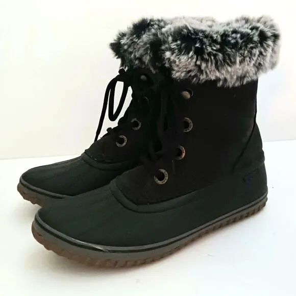 NEW Sperry Blk Lace Up Snow Boot Rubber Foot Faux Fur Collar Sz 7