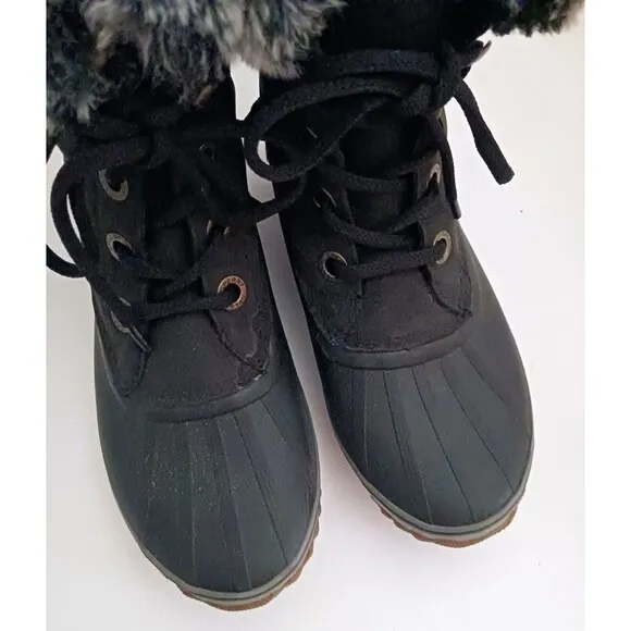 NEW Sperry Blk Lace Up Snow Boot Rubber Foot Faux Fur Collar Sz 7