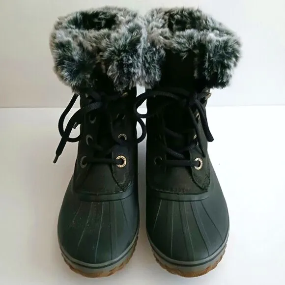 NEW Sperry Blk Lace Up Snow Boot Rubber Foot Faux Fur Collar Sz 7