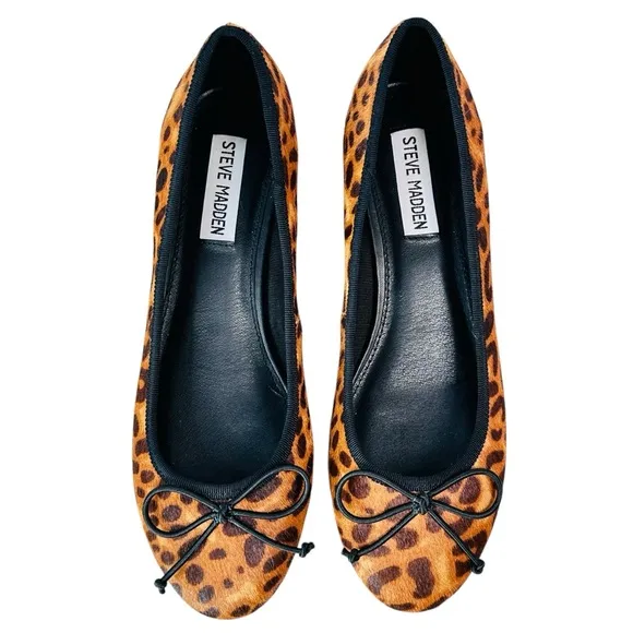 NEW Steve Madden Cherish Cow Hair Calf Round Toe Ballet Flat, Leopard Print,Sz 8