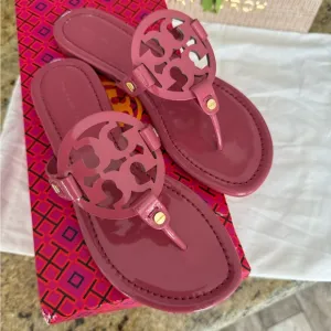 New Tory Burch miller patent leather sandals in washed berry color