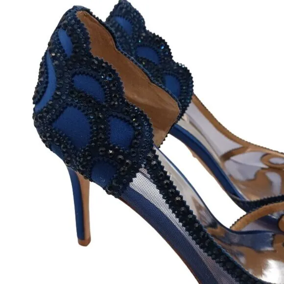 NIB, Badgley Mischka Marla Blue Satin Beaded Embellished‎ Heels, Size 8.5