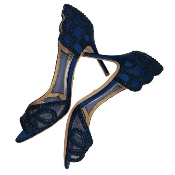 NIB, Badgley Mischka Marla Blue Satin Beaded Embellished‎ Heels, Size 8.5