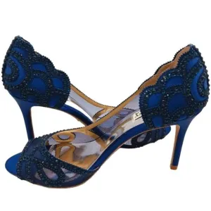 NIB, Badgley Mischka Marla Blue Satin Beaded Embellished‎ Heels, Size 8.5