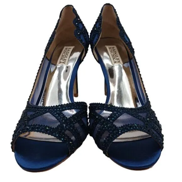 NIB, Badgley Mischka Marla Blue Satin Beaded Embellished‎ Heels, Size 8.5