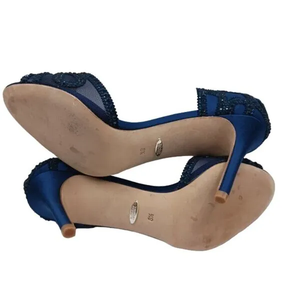 NIB, Badgley Mischka Marla Blue Satin Beaded Embellished‎ Heels, Size 8.5