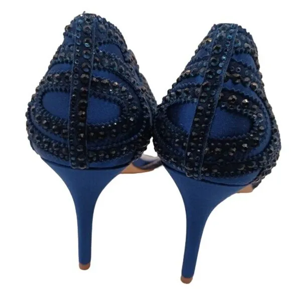 NIB, Badgley Mischka Marla Blue Satin Beaded Embellished‎ Heels, Size 8.5