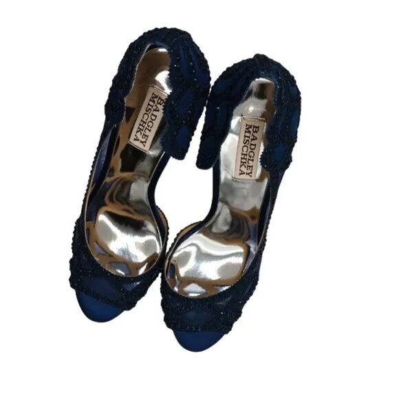 NIB, Badgley Mischka Marla Blue Satin Beaded Embellished‎ Heels, Size 8.5