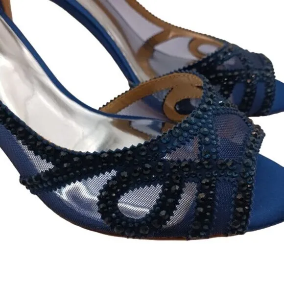 NIB, Badgley Mischka Marla Blue Satin Beaded Embellished‎ Heels, Size 8.5