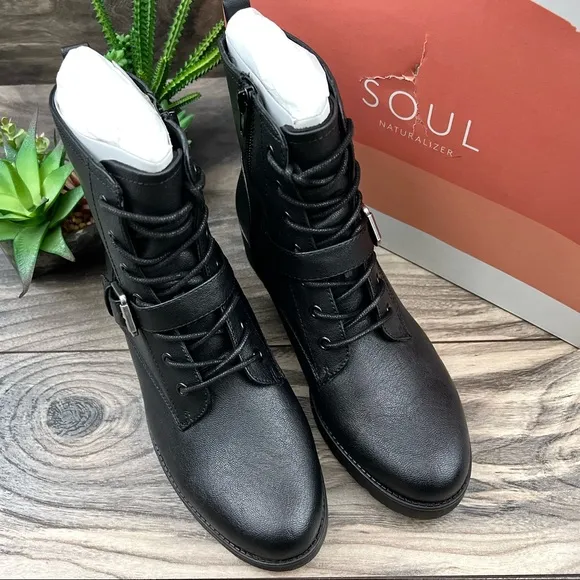 NIB Soul Naturalizer Quartz Black Leather Lace Up Zip Ankle Combat Boots 8M