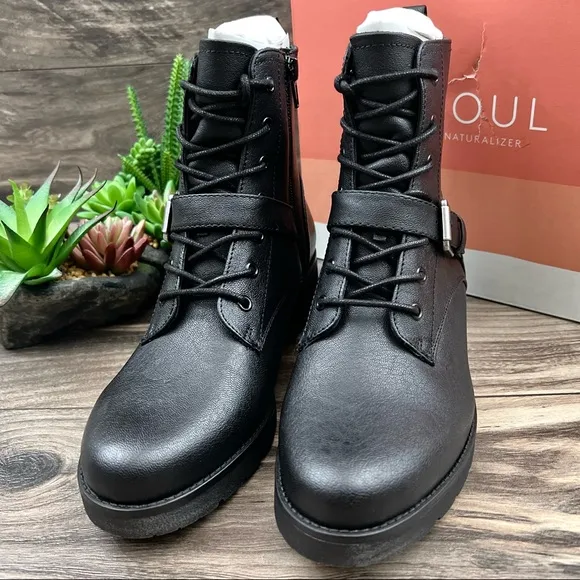 NIB Soul Naturalizer Quartz Black Leather Lace Up Zip Ankle Combat Boots 8M