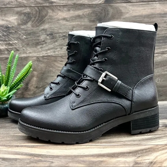 NIB Soul Naturalizer Quartz Black Leather Lace Up Zip Ankle Combat Boots 8M