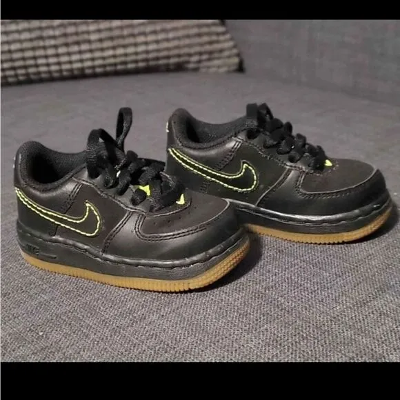 Nike TD Toddler Air Force Black Leather Lime Stitch Gum Soles Shoes Size 5 5c