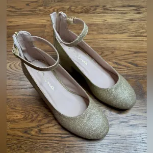 Nina Girl’s Linnie Gold Sparkle Ankle Strap Heels