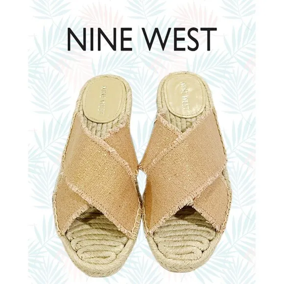 Nine West Espadrille Sandals Criss Cross Band  Blush/Khaki Gold Sparkles  9 NWT