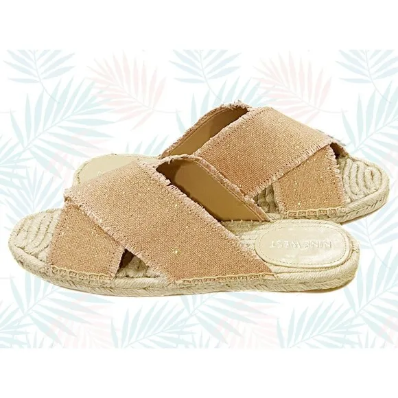 Nine West Espadrille Sandals Criss Cross Band  Blush/Khaki Gold Sparkles  9 NWT
