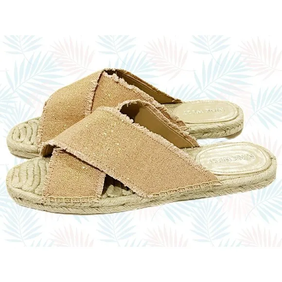 Nine West Espadrille Sandals Criss Cross Band  Blush/Khaki Gold Sparkles  9 NWT