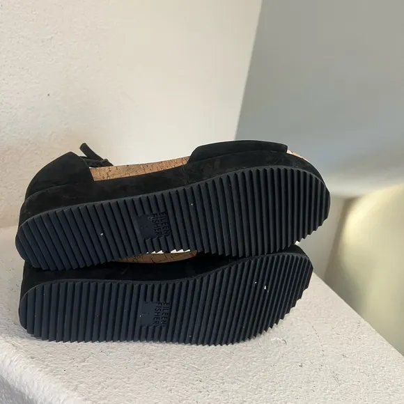 NWNT Eileen Fisher Women's Black Emmy Tumbled Nubuck Wedge‎ Comfort Sandals Sz 9