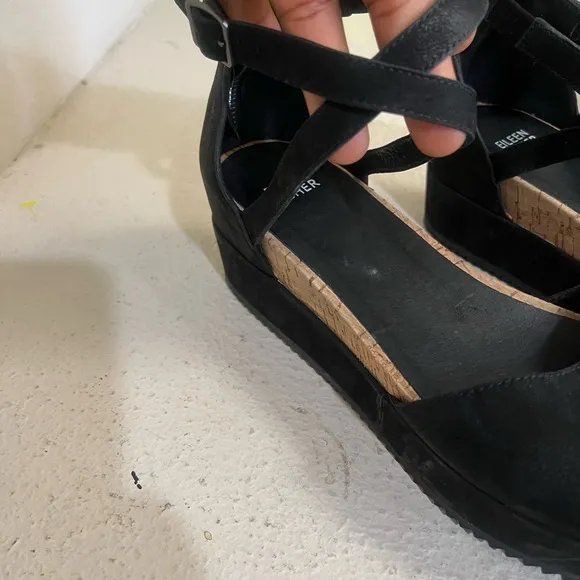 NWNT Eileen Fisher Women's Black Emmy Tumbled Nubuck Wedge‎ Comfort Sandals Sz 9