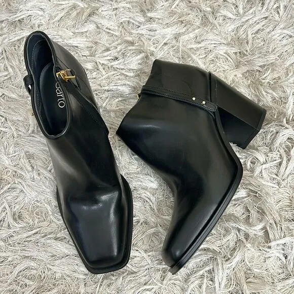 NWOB Franco Sarto Vivica Black Leather Square Toe Block Heel Ankle Boots size 10