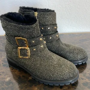 NWOT Ross &amp; Snow Stefana Gold Glitter Black Leather Ankle Combat Boots Size 8
