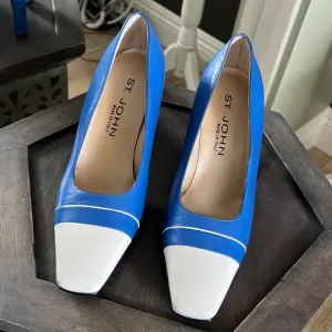 NWOT, St John, leather heels, blue white color block, size 6