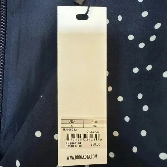NWT BB Dakota Navy Short Sleeve Mini Dress with White Polka Dots