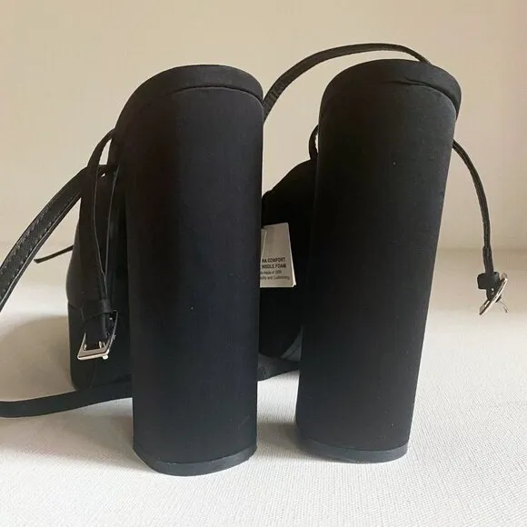 NWT Black Chunky Platform Nylon Ankle Wrap Closure heels 40