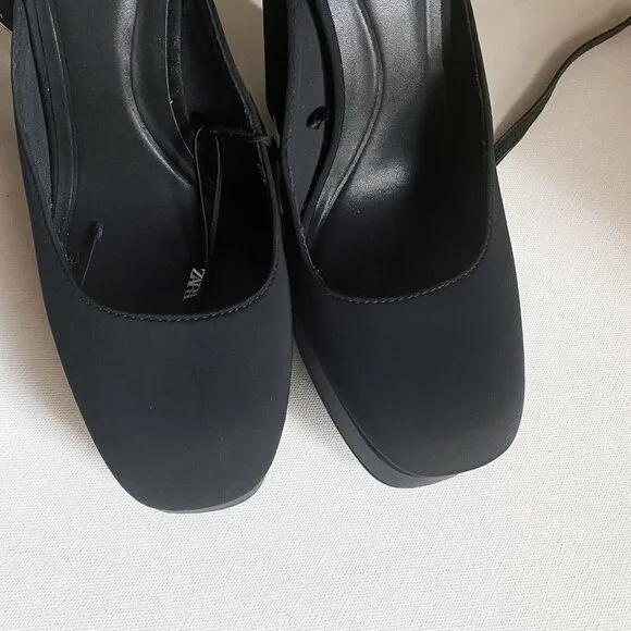 NWT Black Chunky Platform Nylon Ankle Wrap Closure heels 40