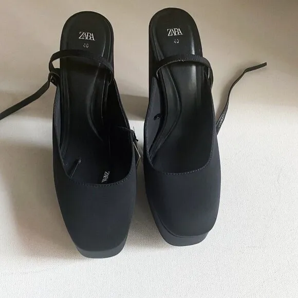 NWT Black Chunky Platform Nylon Ankle Wrap Closure heels 40
