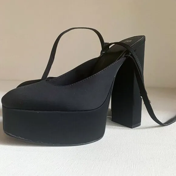 NWT Black Chunky Platform Nylon Ankle Wrap Closure heels 40