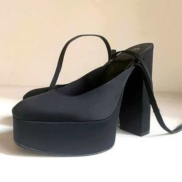 NWT Black Chunky Platform Nylon Ankle Wrap Closure heels 40