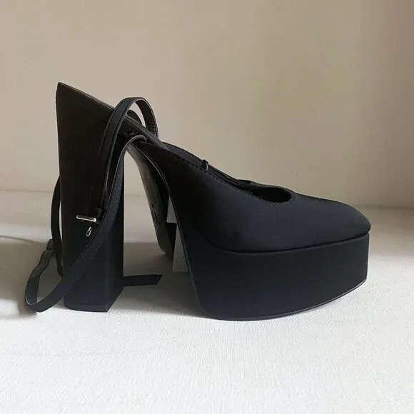 NWT Black Chunky Platform Nylon Ankle Wrap Closure heels 40