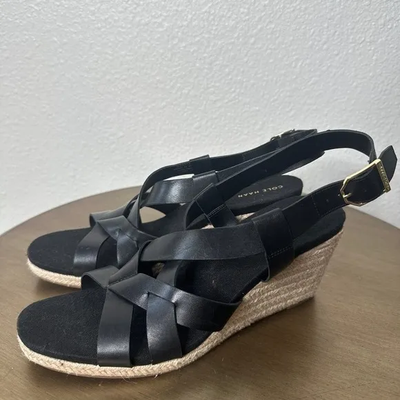 NWT Cole Haan Wedge Sandals Strappy Espadrille Summer Casual Neutral Black 9