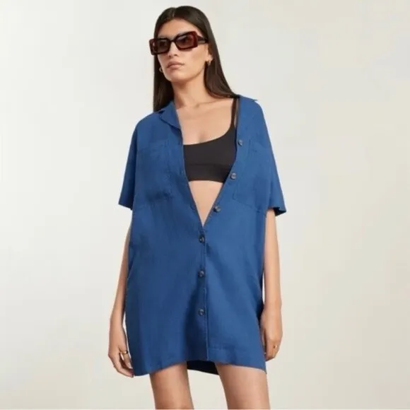 NWT Everlane 100% Linen Workwear Blue Button Down Short Dress SZ XS