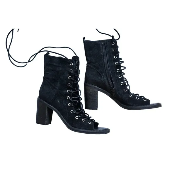 NWT Free People Black Suede Lace Up Open Toe High Heel Sandals Womens Size 6.5