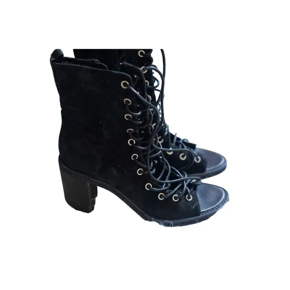 NWT Free People Black Suede Lace Up Open Toe High Heel Sandals Womens Size 6.5