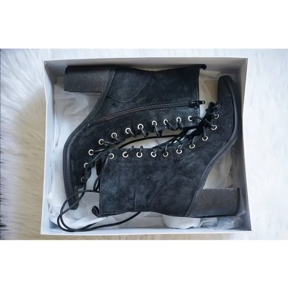 NWT Free People Black Suede Lace Up Open Toe High Heel Sandals Womens Size 6.5