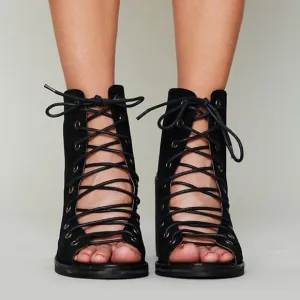NWT Free People Black Suede Lace Up Open Toe High Heel Sandals Womens Size 6.5
