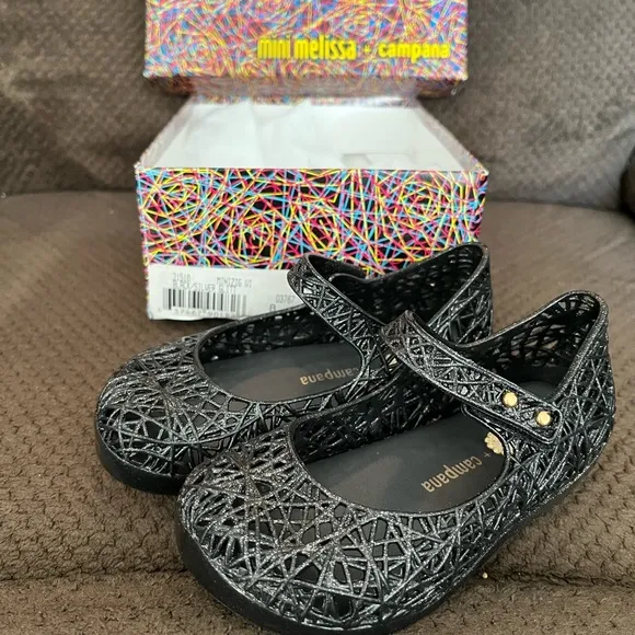 NWT MINI MELISSA Campana Zig Zag Kids Mary Jane Flats In Black Size 8T