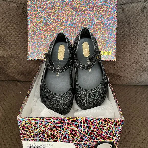 NWT MINI MELISSA Campana Zig Zag Kids Mary Jane Flats In Black Size 8T
