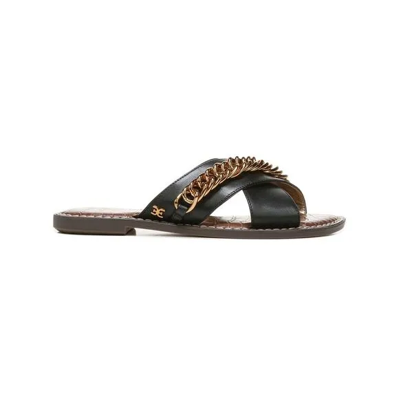 NWT SAM EDELMAN Womens Black Strap Chain Gabrie  Leather Slide Sandals 6.5 M