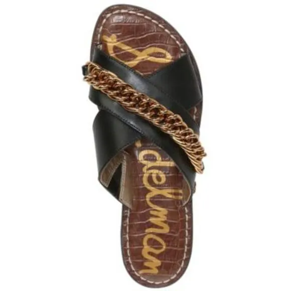 NWT SAM EDELMAN Womens Black Strap Chain Gabrie  Leather Slide Sandals 6.5 M