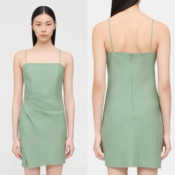 NWT Theory Leaf Green Galena Linen Notched-Hem Mini Dress