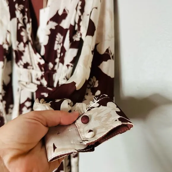 NWT VICI COLLECTION Brown Floral Print Long Sleeve Waist Tie Maxi Dress XS