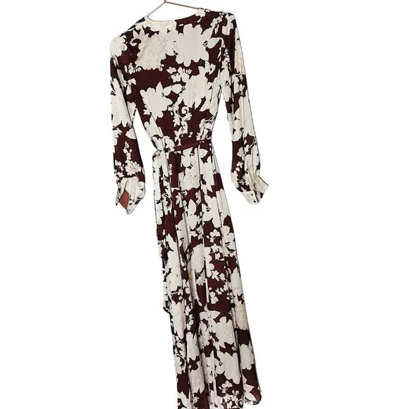 NWT VICI COLLECTION Brown Floral Print Long Sleeve Waist Tie Maxi Dress XS