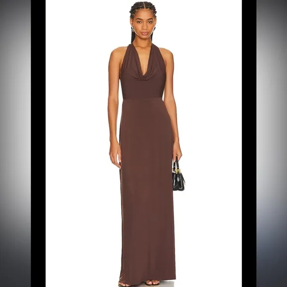 NWT WeWoreWhat Cowl Halter Maxi Dress in Umber Womens SZ M Beautiful Slinky Fun