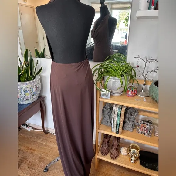 NWT WeWoreWhat Cowl Halter Maxi Dress in Umber Womens SZ M Beautiful Slinky Fun